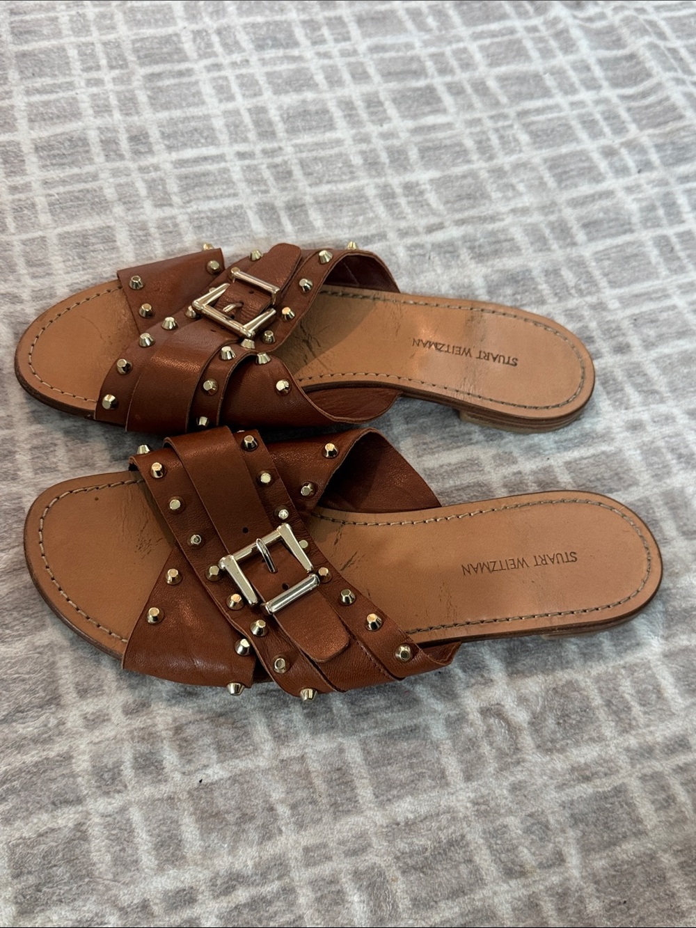 Stuart Weitzman Tan Brown Leather Studded Slide Sandals with Buckle